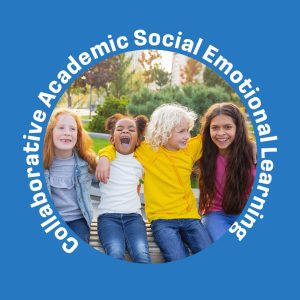 group of interracial children sitting together outside with text collaborative academic social emotional learning in white on blue background