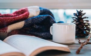 open book with white mug pine cone and blanket