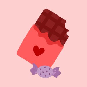 half wrapped candy bar with heart on wrapper and purple wrapped candy on pink background