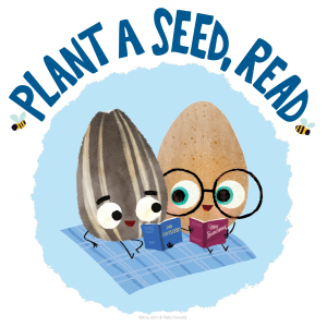 Two cartoon seeds reading books with the phrase "PLANT A SEED, READ" above them.