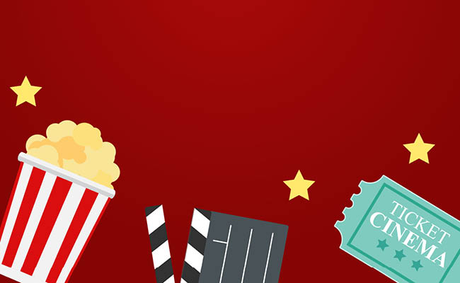 red background with cinema themed elements including popcorn, scene marker and ticket