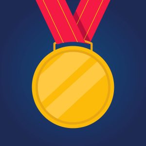 Golden medal with a red ribbon on a dark blue background.