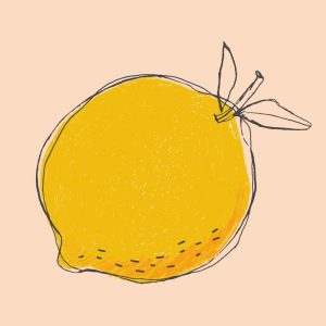 Illustration of a lemon with leaves on a light peach background.