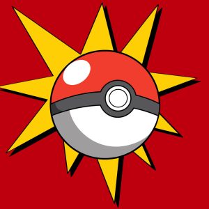 A Poké Ball on a yellow starburst with a red background.
